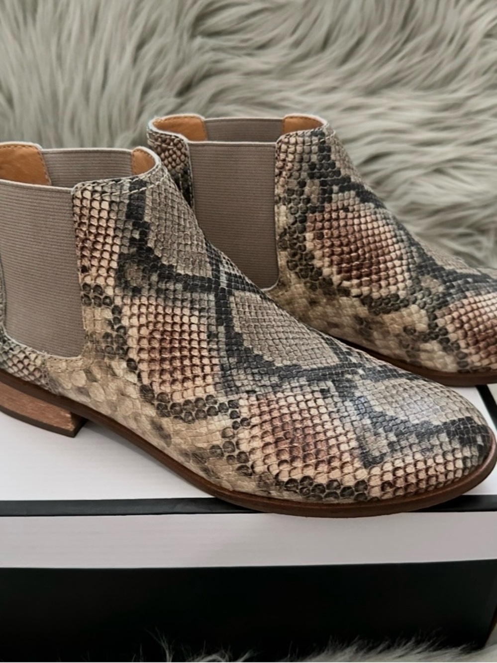 Frye Snake-Print Chelsea Booties in Taupe and Blush